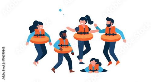 Group Of People Wearing Life Jackets Floating in Water, Isolated on Black Background