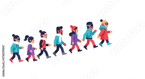 Group Of People Walking Uphill In A Geometric Colorful Style On A Black Background