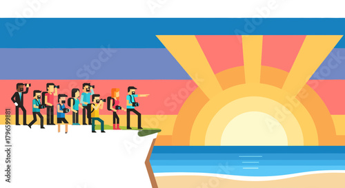 Group Of Photographers Capturing A Stunning Sunrise Over The Peaceful Ocean Scene