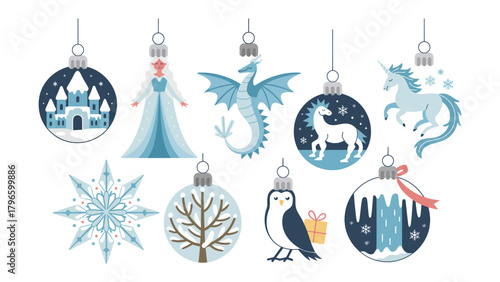Festive Ornaments for the Holiday: A delightful collection of festive ornaments, adorned with whimsical illustrations and delicate snowflake patterns.