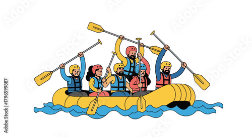 Group Of People Whitewater Rafting, Enjoyment, Fun, Active Lifestyle And Adventure