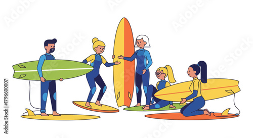 Group Of Surfers Prepare For Aquatic Challenges With Colorful Surfboards And Suits