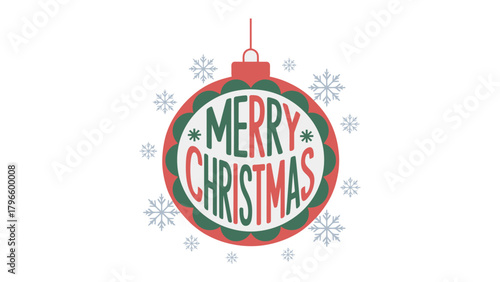 Festive Christmas Ornament: A decorative ornament, adorned with 'Merry Christmas' script, is suspended amid delicate snowflakes, symbolizing the joy and spirit of the holiday season.