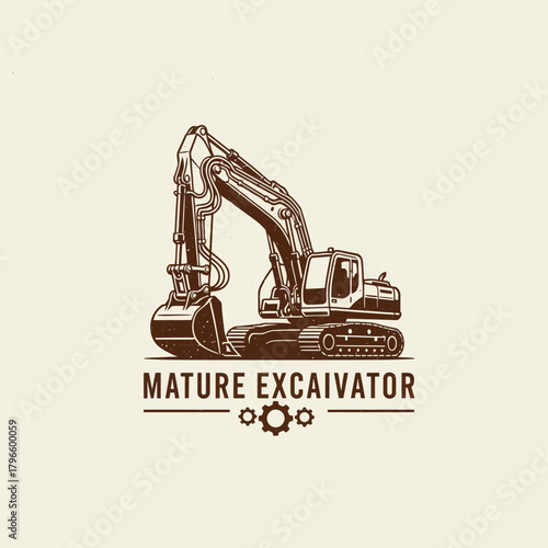 A detailed illustration of an excavator with "MATURE EXCAIVATOR" text underneath on a beige background