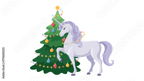 Festive Unicorn with Holiday Cheer: An enchanting unicorn with a flowing mane and majestic horn stands beside a decorated Christmas tree.