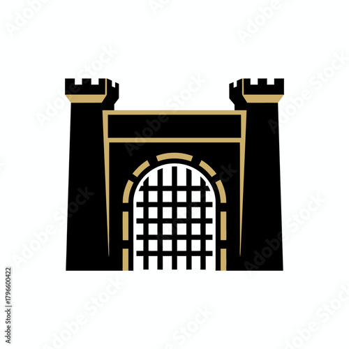 A simplified illustration of a castle gate with black walls, gold trim, and a barred entrance
