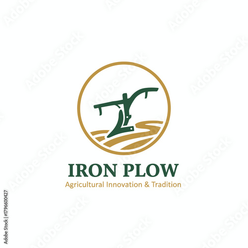 Green plow depiction inside a gold circle above text, "Iron Plow" and a slogan