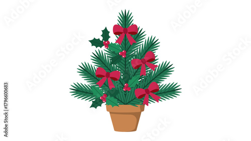 Festive Potted Pine: A vibrant, potted pine tree, adorned with cheerful red bows and festive green foliage, symbolizes the holiday spirit and brings a touch of nature's beauty indoors.