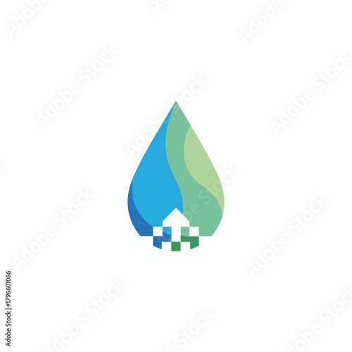 A teardrop graphic features shades of blue and green with a stylized arrow rising from the bottom
