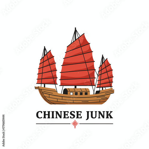 A cartoon-style illustration of a traditional Chinese sailboat with red sails, wooden hull, and name