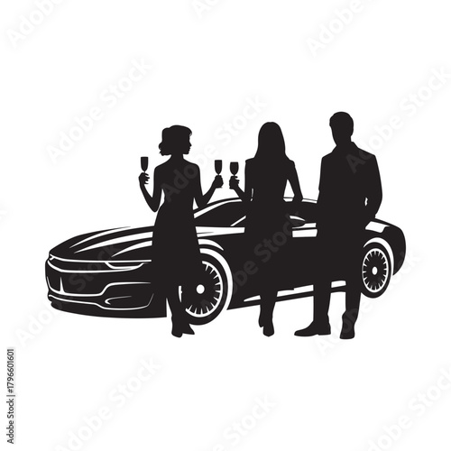 Silhouettes of people and a sports car at a social gathering