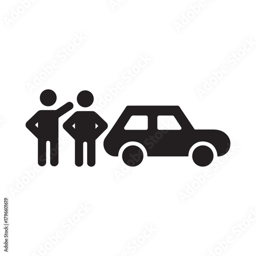 Two people standing next to a car icon