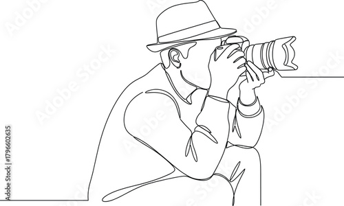 Continuous Single Line Art Drawing of a Photographer Wearing a Hat Taking a Picture with a DSLR Camera Vector.