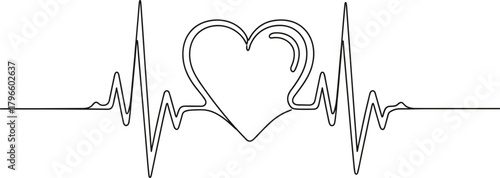 Continuous Single Line Art Drawing of a Heart Shape Incorporated into a Vital Electrocardiogram (ECG/EKG) Pulse Line Vector.