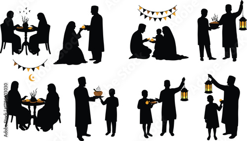 Festive celebration silhouette set, food sharing and lantern scenes, cultural tradition vector, family moment graphics, holiday event illustration collection