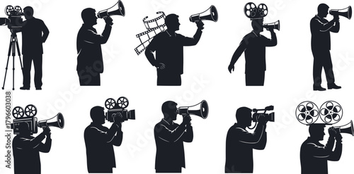 Film production silhouette set, black vector icons, director poses, camera and reel graphics, megaphone gestures, cinematic media elements