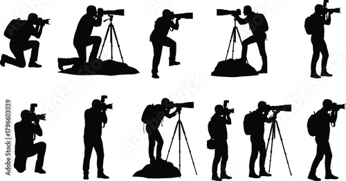 Field photographer silhouette set, black vector icons, telephoto lens poses, tripod scenes, outdoor shooting, professional camera graphics