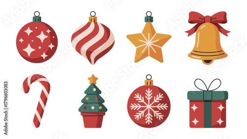 Festive Christmas Ornaments Display: A charming collection of colorful ornaments and festive decorations, including a bell, a star, a candy cane, and a wrapped gift.