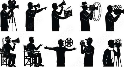 Filmmaking silhouette set, black vector icons, director poses, vintage camera scenes, megaphone gestures, film production graphics, creative media elements