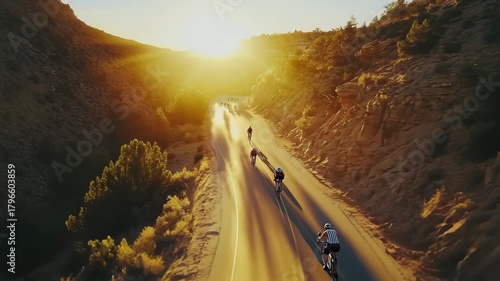 Epic drone shot captures cyclists on a winding canyon road at sunset, Epic high, drone shot over bicyclists on canyon road at sunrise cinematic