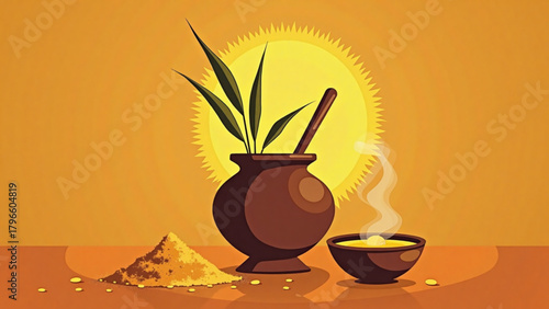 Pongal (Hindu harvest festival). Clay pot with herbs and spices, warm atmosphere, against orange background