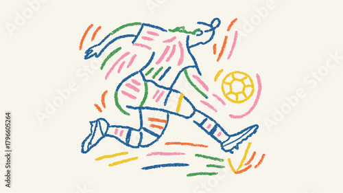 Colorful abstract doodle soccer player illustration symbolizing creativity, energy, and movement in sports