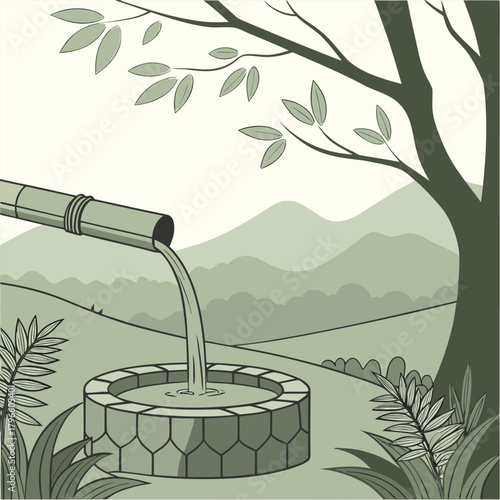 calming meditative image of water pouring from bamboo waterfall against green nature background silence and tranquility