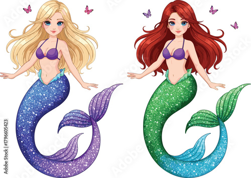 Cartoon mermaids, fantasy illustration, glitter tails, magical sea creatures, vibrant colors, whimsical underwater scene, butterfly accents, ocean fairytale, dreamy art, kids theme
