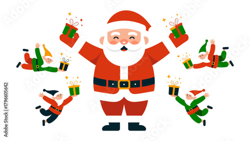 Festive Gifting: Santa Claus and his elves spread holiday cheer, surrounded by wrapped presents, embodying the spirit of Christmas and generosity.