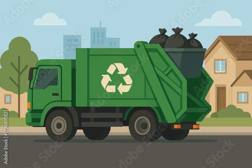 Vector illustration of a Green Garbage Truck on City Road.