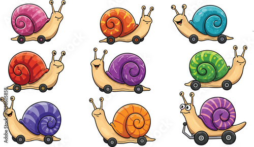 Cartoon snail illustration, colorful snail shells, cute snail characters, snail with wheels, fantasy snail art, whimsical snail drawing, snail pattern