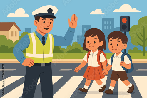 Vector illustration of a Two school children in elementary school uniforms cross the road with the help of the police.