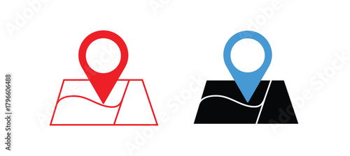 Map and location symbols set. Mapping icon collection. Geolocation map path distance. GPS cartography position.