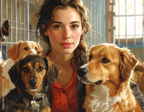 A compassionate young woman tenderly interacts with a diverse group of rescue dogs, embodying a heartfelt dedication to animal welfare and shelter life
