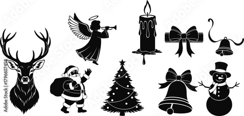 Christmas silhouette collection, deer, angel, candle, bow, bells, Santa Claus, tree, snowman, festive icons, holiday elements, black and white