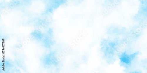 Refreshing sky blue watercolor texture with smooth clouds or fog, dreamy blue sky with watercolor white stains patterns for artistic design projects.	