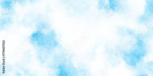 Refreshing sky blue watercolor texture with smooth clouds or fog, dreamy blue sky with watercolor white stains patterns for artistic design projects.	