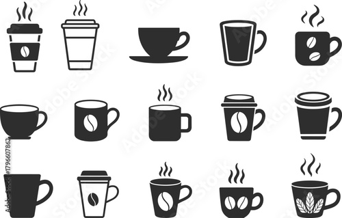 Wallpaper Mural Coffee cup icons, mug silhouettes, hot beverage symbols, steaming drinks, takeaway cup design, espresso art, latte mug, tea cup illustration Torontodigital.ca