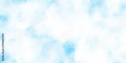 Refreshing sky blue watercolor texture with smooth clouds or fog, dreamy blue sky with watercolor white stains patterns for artistic design projects.	