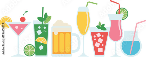 Colorful cocktails illustration, refreshing summer drinks, tropical beverages, fruit garnished glasses, party celebration drinks, vibrant bar menu design, stylish beverage artwork