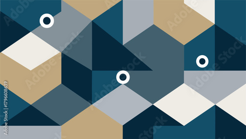 Geometric abstract pattern with interlocking shapes and circles in blue beige and gray background