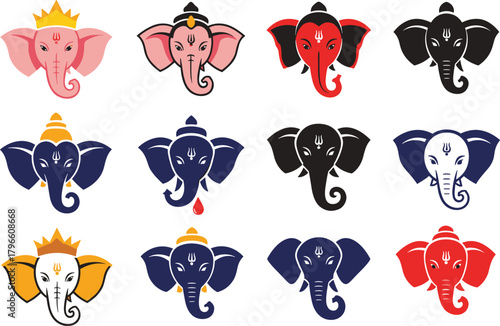 Colorful elephant head illustrations, cultural Ganesha art, decorative Indian style, spiritual symbolism, vibrant design, traditional iconography, sacred festival, ornamental patterns