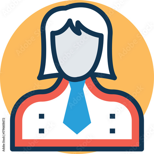 Professional Avatar Icon Featuring a Person in a Blue Tie and Red Trimmed Blazer Against a Yellow Circular Background with a Transparent Overlay