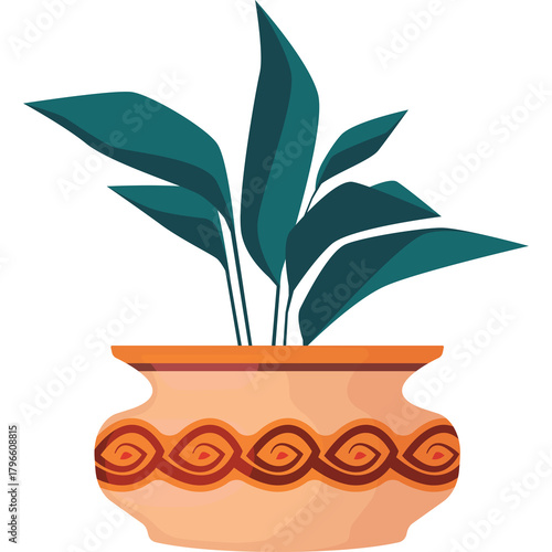 Potted plant with green leaves in a decorative terracotta pot with an orange swirled pattern on a transparent background