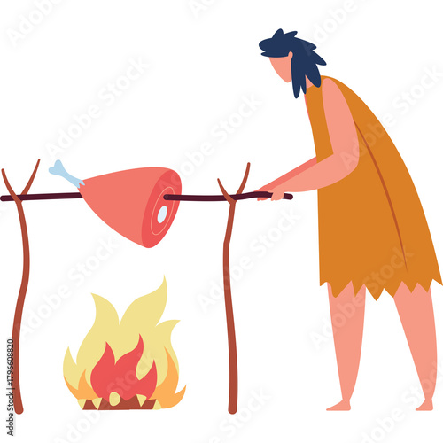Prehistoric Person Roasting Leg of Ham Over Open Fire with Wooden Spits on Transparent Background