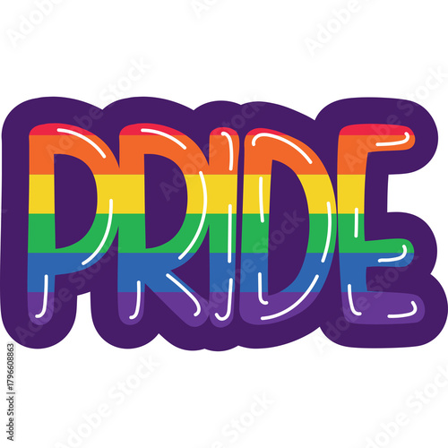 Pride Word Art Rainbow Colors In Bubble Style On Purple Background With White Outline