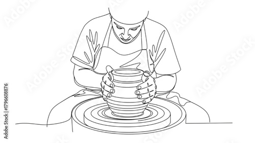 High-quality black continuous line art of potter shaping clay on wheel, close-up hands, minimalist illustration