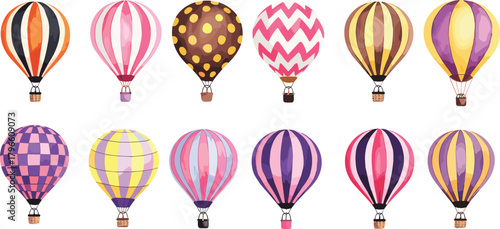 Colorful hot air balloons illustration, vibrant cartoon design, striped and patterned balloons, polka dots, zigzag, checkerboard, fantasy sky, whimsical artwork