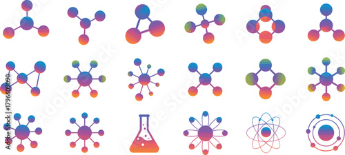 Colorful molecular icons, chemistry illustration, atomic structure, science design, laboratory equipment, gradient molecules, physics model, educational graphic, vibrant atoms, research