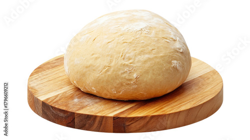 Round ball of bread dough resting on wooden board fresh bakery yeast rising pastry cooking ingredient soft texture isolated on white background